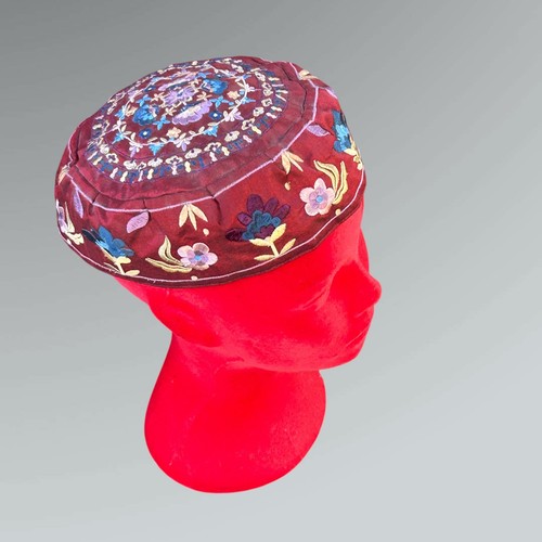 Yair Emanuel Maroon Red Silk Embroidered Bucharian Kippah Jewish Yarmulke