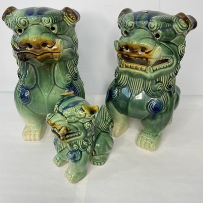 3 Ceramic Foo Dogs Vintage Green Blue Brown Asian Tawain Set Chinese Statues
