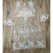 Sheer Lace Duster Women S/M Tan Cream Floral Mesh Embroidered Cardigan Ethereal