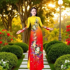 Ao Dai Vietnamese, High Quality Silk Designer Long Dress With Pants. Size S