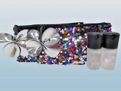 MAC SHINY PRETTY THINGS SEGUINED MAKEUP BAG & PREP+PRIME FIX+ CLEAR 1 OZ 2PCS