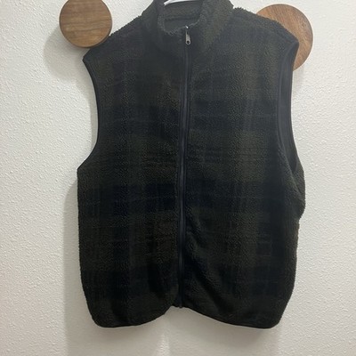 Outdoor Urban Terrain Subtle Green Black Plaid Full Zip Winter Fleece Vest XL