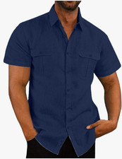 NEW Mens Large Lightweight Shirt Summer Casual Button Down Short Sleeve Blue