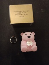 Avon Sterling Silver Kids Pink Crystal Ring Size 3 With Pink Bear Box