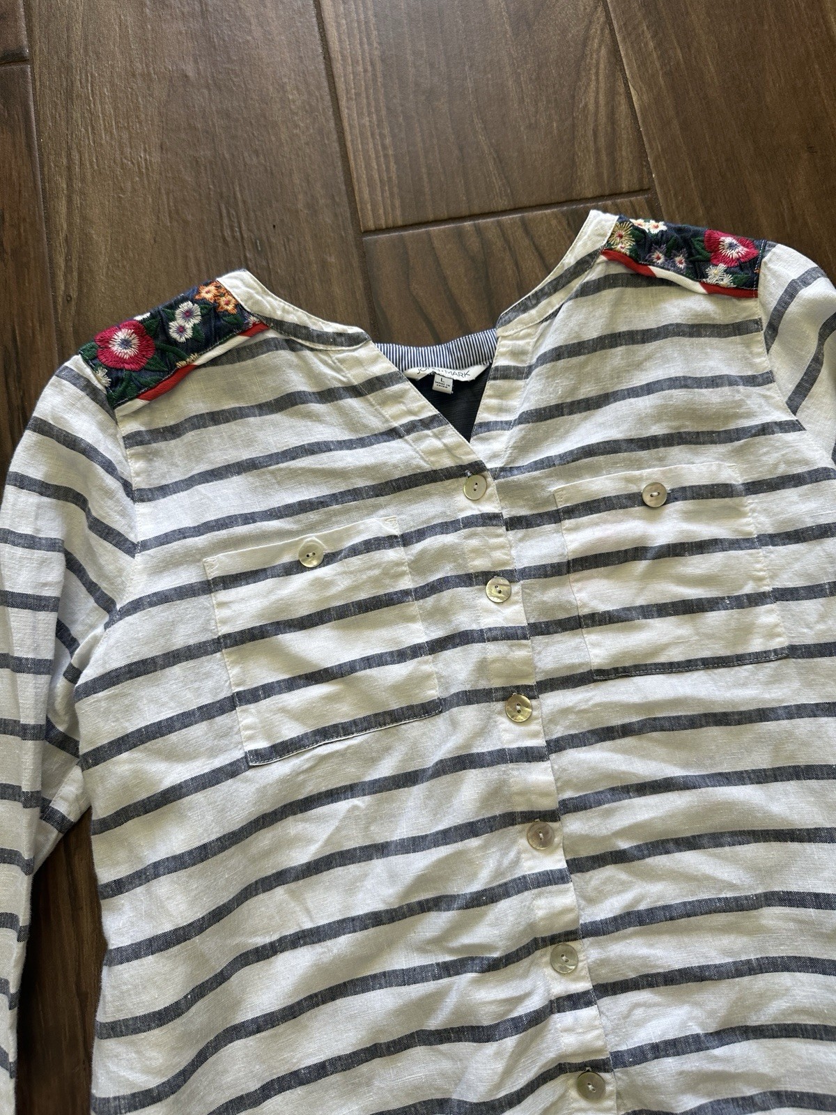 JOHN MARK Striped Embroidered Patchwork Long Slee… - image 1