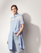 Sandro Paris Slade Lace Inset Button Down Shirt Dress in Blue sz 40