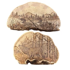 Wildlife Artist Conk Mushroom Pyrography Plaques Set of 2 Loon Elk Rustic Cabin