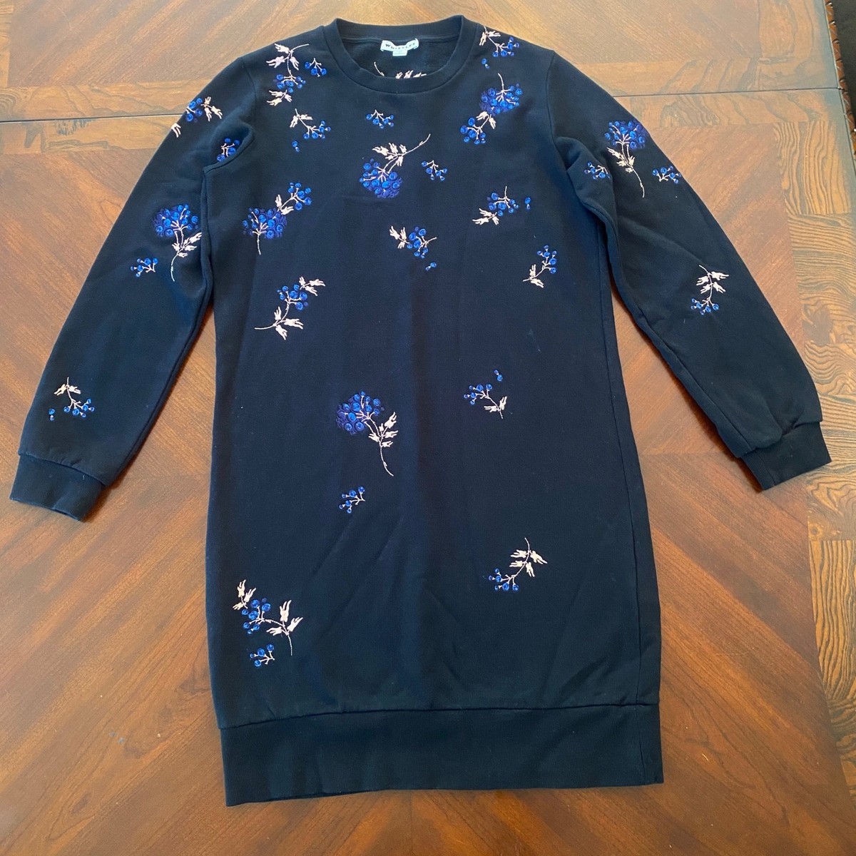 Whistles Black Embroidered Floral Long Sweatshirt Dress Small Cottagecore