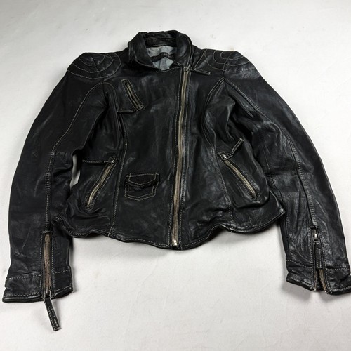 VTG Freaky Nation Leather Jacket Women's M Black Elbow Patches Asymmetrical Zip