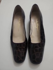 Salvatore Ferragamo Manna Brown Croc Embossed Skimmer Wedge Size 7