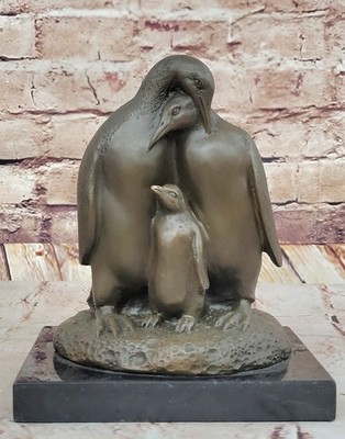 Large Mother Penguin with two Baby Bronze Sculpture Marble Base Statue Deal Art