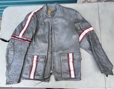 Vintage Bates Leather Motorcycle Cafe Racer Jacket Gray Grey & White Stripe