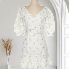 LoveShackFancy Women's Floral Mini Dress Size Small Natasha Ruffle Hem Blue