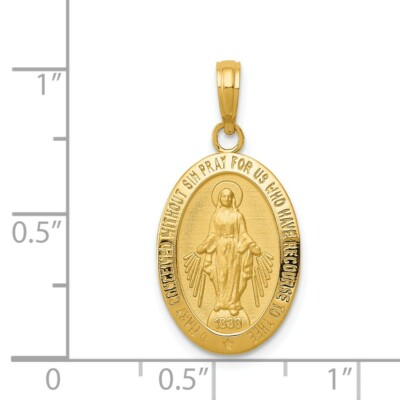 14K Yellow Gold Satin & Polished Blessed Mary Miraculous Medal Oval ...