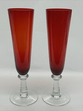 Ruby Red 9  Champagne Flutes With Clear Stem And Foot Set Of 2
