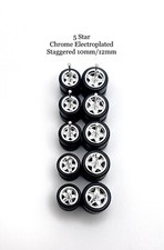 5x Sets Chrome 5 Star 10/12mm Real Rider Wheels w/ Rubber Tires for 1/64 Scale