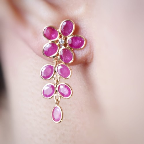 18K Solid Yellow Gold Natural Ruby Flower Diamond Fine Earrings Dangle Drop - Picture 8 of 10