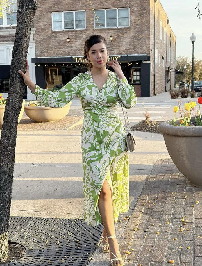Zara Printed Midi Dress Ecru Green Size XS S M L XXL 2739 125 New