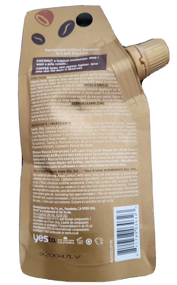 Yes To Coconut Frothe Mousse Mask Energizing Coffee Latte Dry Skin Up To 12 Use - Image 2 of 2