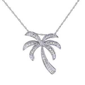 Authentic 1/10ct Natural Round Diamond "Palm Tree" Pendant Necklace 14K Gold Plated Silver