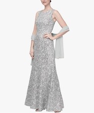 ALEX EVENINGS Light Blue Silver Sequin Lace Maxi Gown Dress Scarf Shawl 12 L
