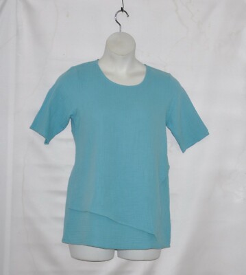 Joan Rivers Crinkle Texture Short-Sleeve Top with Hem Detail Size S Turquoise