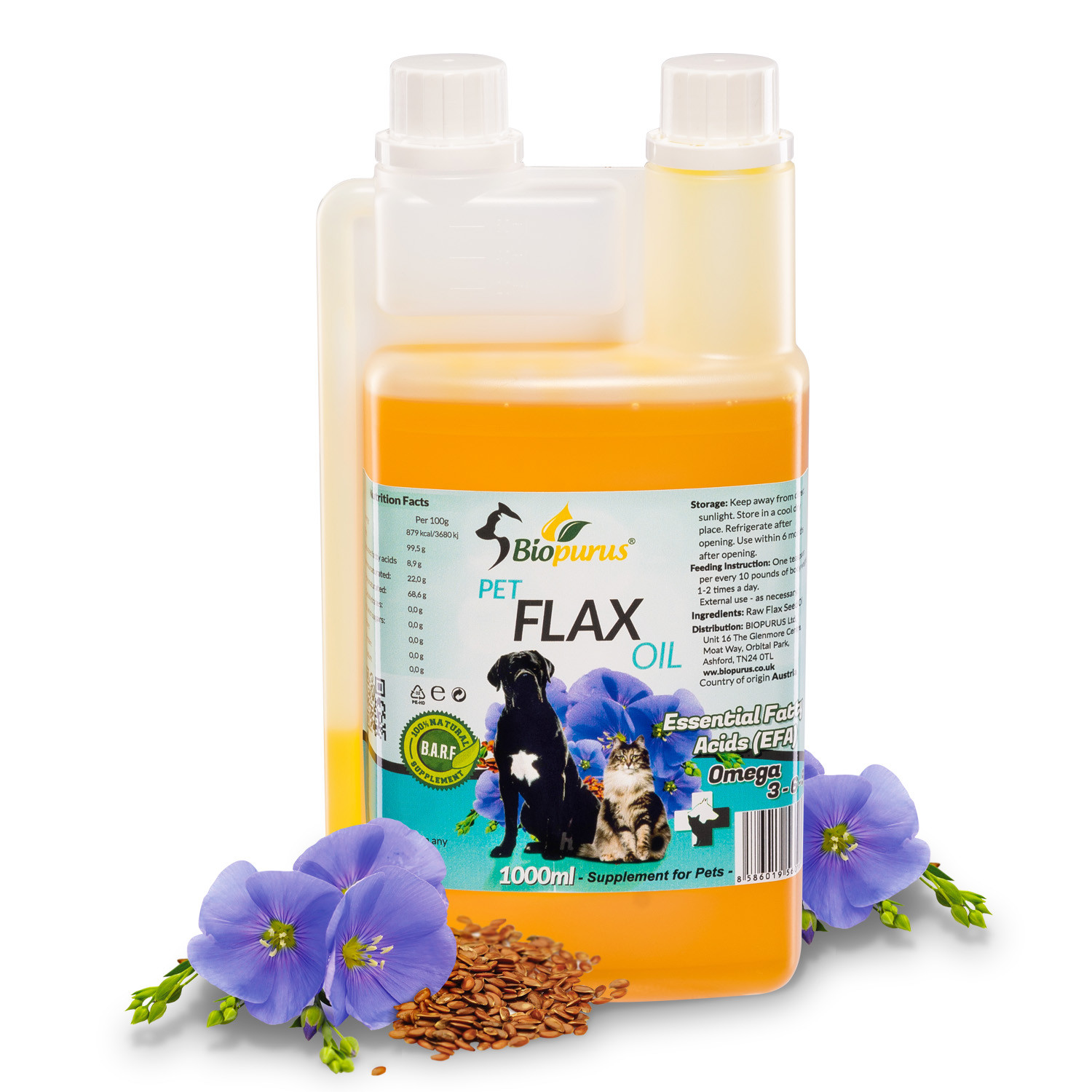 Biopurus Pure Natural Pets Flax Seed Oil For Dogs and Cats BARF 1000ml