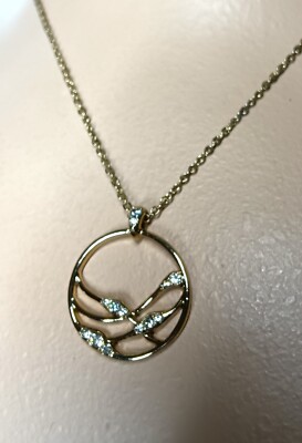 NRT Rhinestone Waves Gold Tone 1'' Pendant Necklace 16-19'' Chain Jewelry