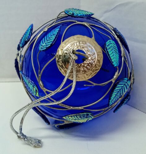 Grande sfera vintage Midwest vetro blu ornamento foglie vetro fiori finestra sfera - Foto 7 di 11