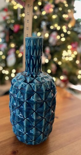 Pier 1 Blue 14" Tall Pineapple Ceramic Flower Vase Diamond Pattern Hard To Find - 第 3/12 張圖片