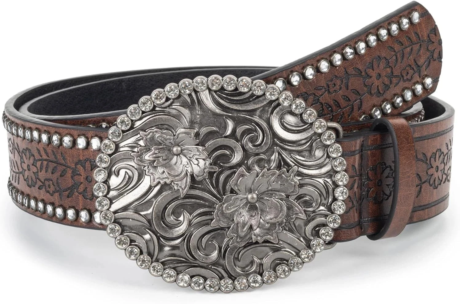 Womens-Rhinestone-Studded Western-Cowboy-Cowgirl-Belt Flower 
