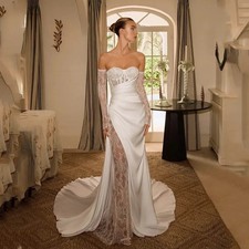 Satin Lace Strapless Mermaid Wedding Dresses High Slit Elegant Bridal Gowns