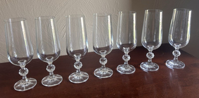 Set of 7  Bohemian Claudia Faceted Stem 6oz Crystal Champagne Flutes Vintage