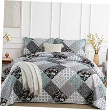 Floral Plaid Patchwork Quilt Set King Size 3 King 104"x 90" Black-grey