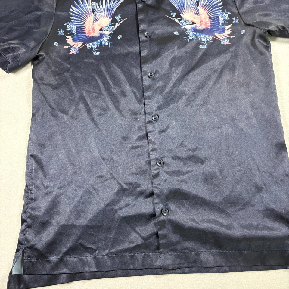 Camisa masculina Topman cetim preto bordada pássaro tamanho pequeno Y2K 90 festival grunge - Imagem 2 de 4