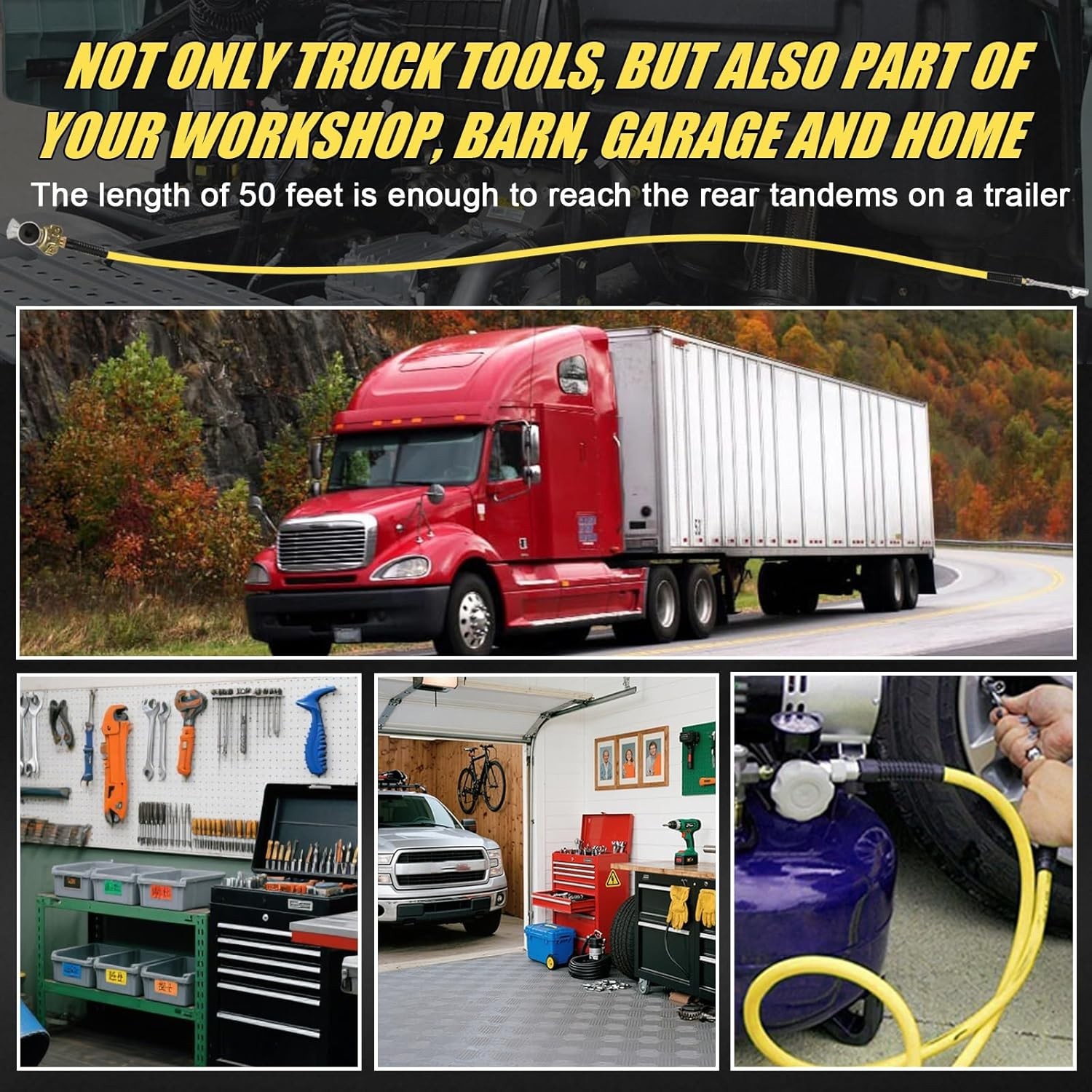 Truck Tire Inflator Kit, 3/8 in x 50 ft Hybrid Air Hose with Glad Hand  Air C...