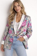 Victoria  s Secret Floral Satin Blazer Jacket Size M Silk Look Pink Blue Retro