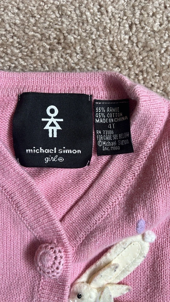 Michael Simon 女孩粉色春季针织刺绣兔子毛衣背心尺寸 4T — 第 2/4 张图片