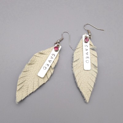 White Leather Feather Earrings with Eloxal Stamped Word SAVED and Pink Crystal