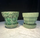 (2) McCoy 1950s Mid Century Green  Ceramic Planters w/ Drip Tray 5 in.