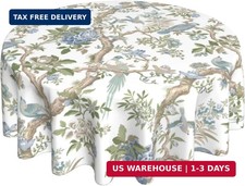 Blue Green Flower Bird Tablecloth 70 Inch Round Chinoiserie Floral Toile Table C