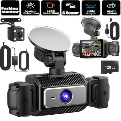 1080P Dash Cam 4 Channel Driving Recorder 360° Front Rear Inside Camera + 128GB