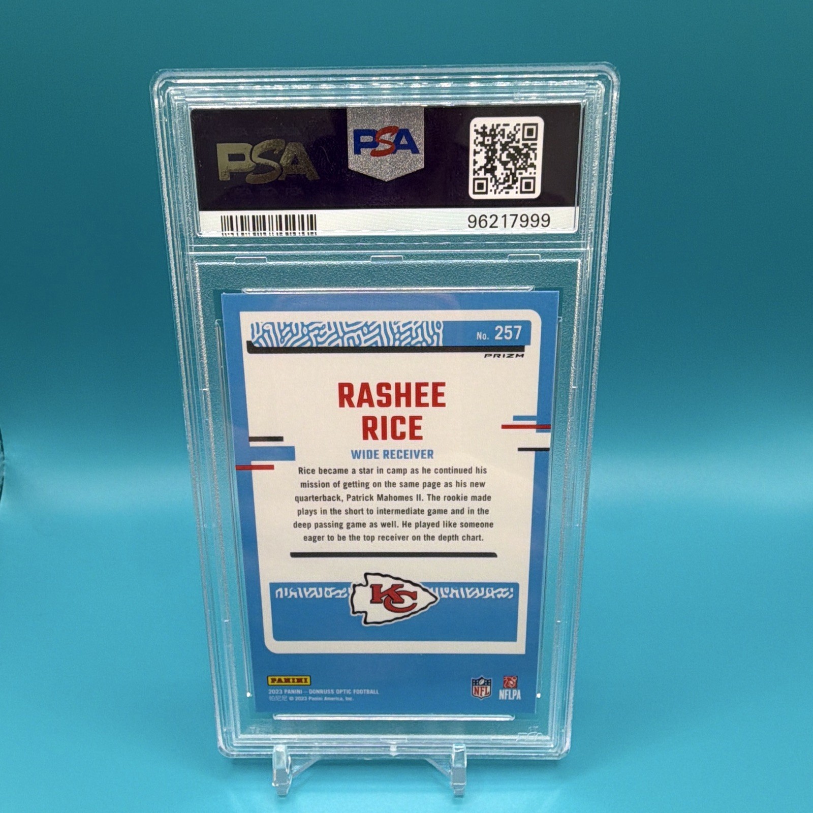 Panini 2023 Donruss Optic Rashee Rice Rated Rookie Holo Prizm #257 PSA 10 view 2
