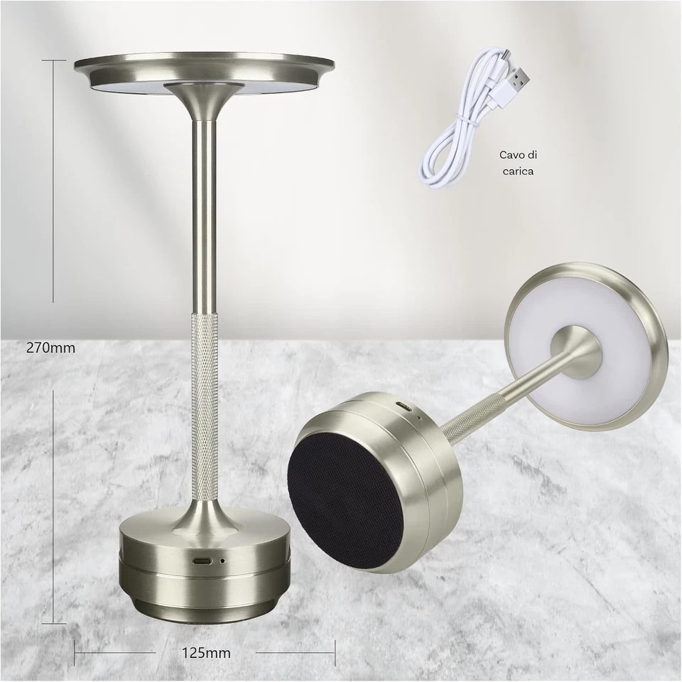 Lampada Da Tavolo Senza Fili Lampada LED Tondo in Metallo Ricaricabile Con Touch - Immagine 4 di 4