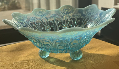 Vintage Northwood Blue Opalescent Pearl Flowers Footed Bowl - Early 1900s