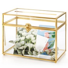 Glass Wedding Card Box with Lock and Slot, Gold Rim Envelop Box Gift Holder, ...