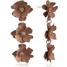 Unique Chic Long Matte Flower Dangle Earrings Cute Bohemian Tiered Triple Brown