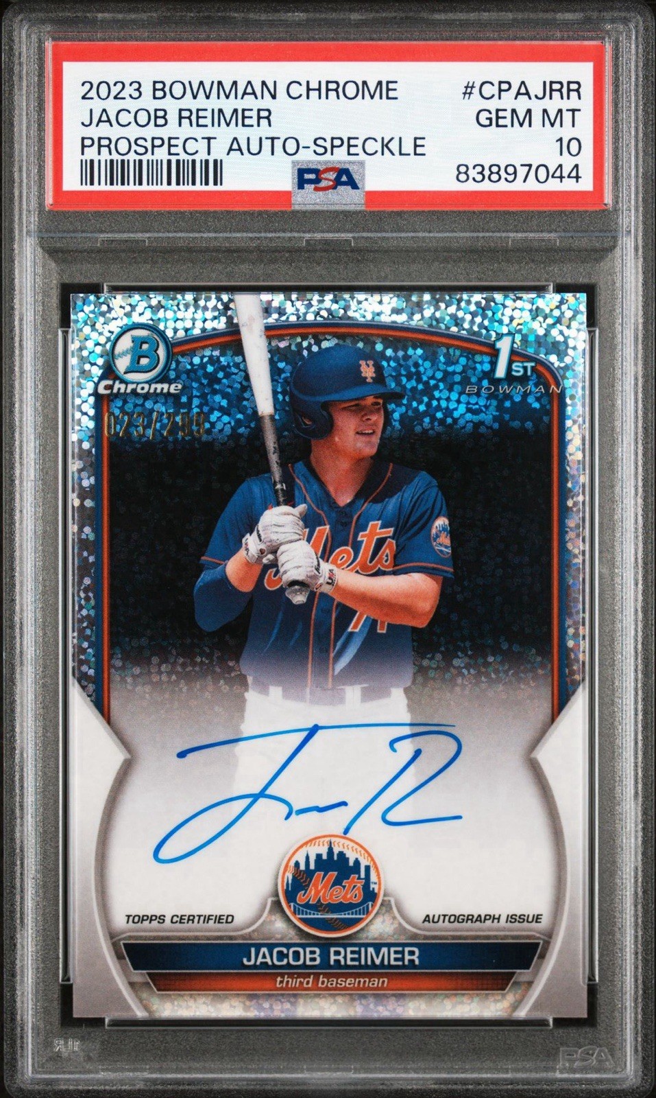 2023 Bowman Chrome Jacob Reimer Speckle Auto /299 1st Card - PSA 10