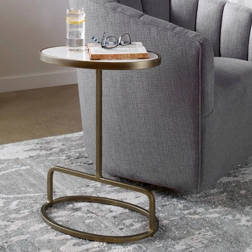 Glam Iron Oval Accent Table 18" x 12" Antique Gold White Marble for Living Room - Picture 1 of 4