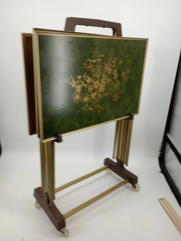 Juego de 4 bandejas de TV plegables vintage con carro rodante retro verde floral mediados de siglo Foto 2 de 4